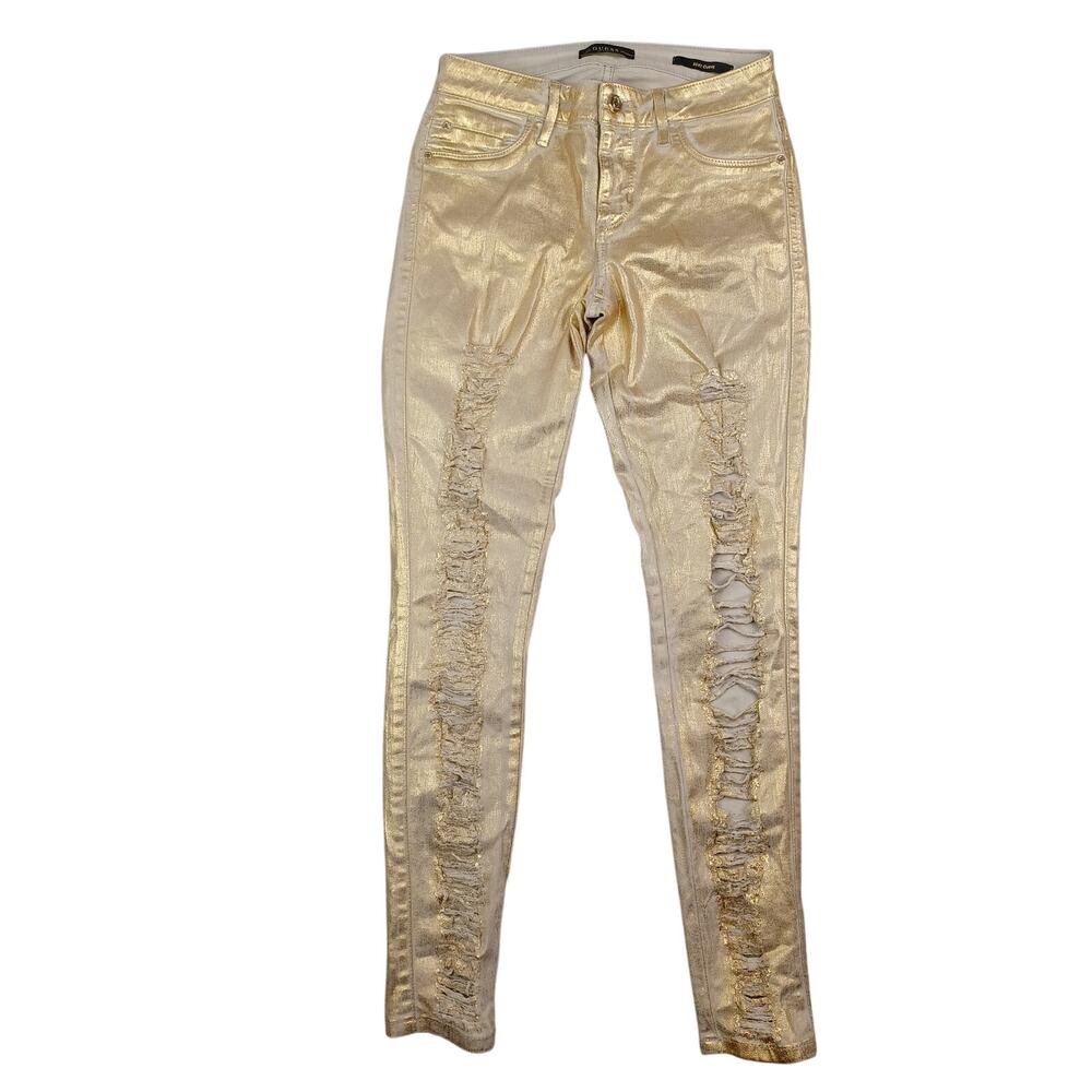 Guess Jeans Women's Size 27 Gold Destroyed Sexy Curve Metallic Mid Skinny Edgy